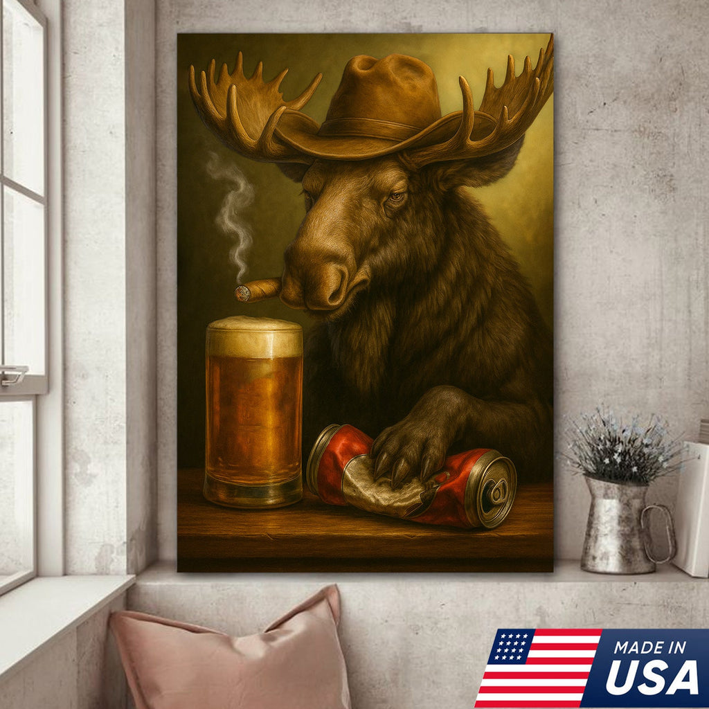 Rustic Cowboy Moose Beer Canvas – Funny Bar Wall Art Gift for Hunters, Cabin Decor & Man Caves