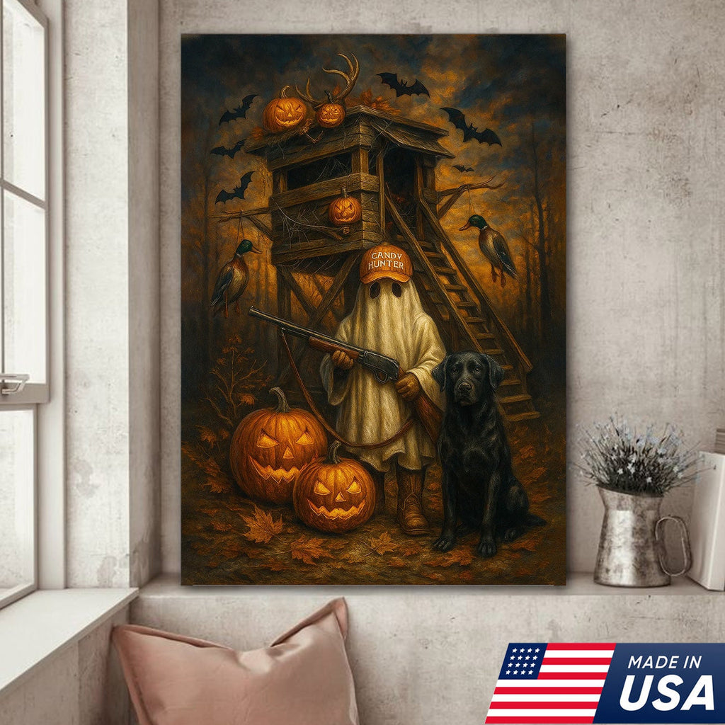 Halloween Canvas Wall Art – Ghost Hunter and Black Lab, Pumpkins, Bats and Ducks