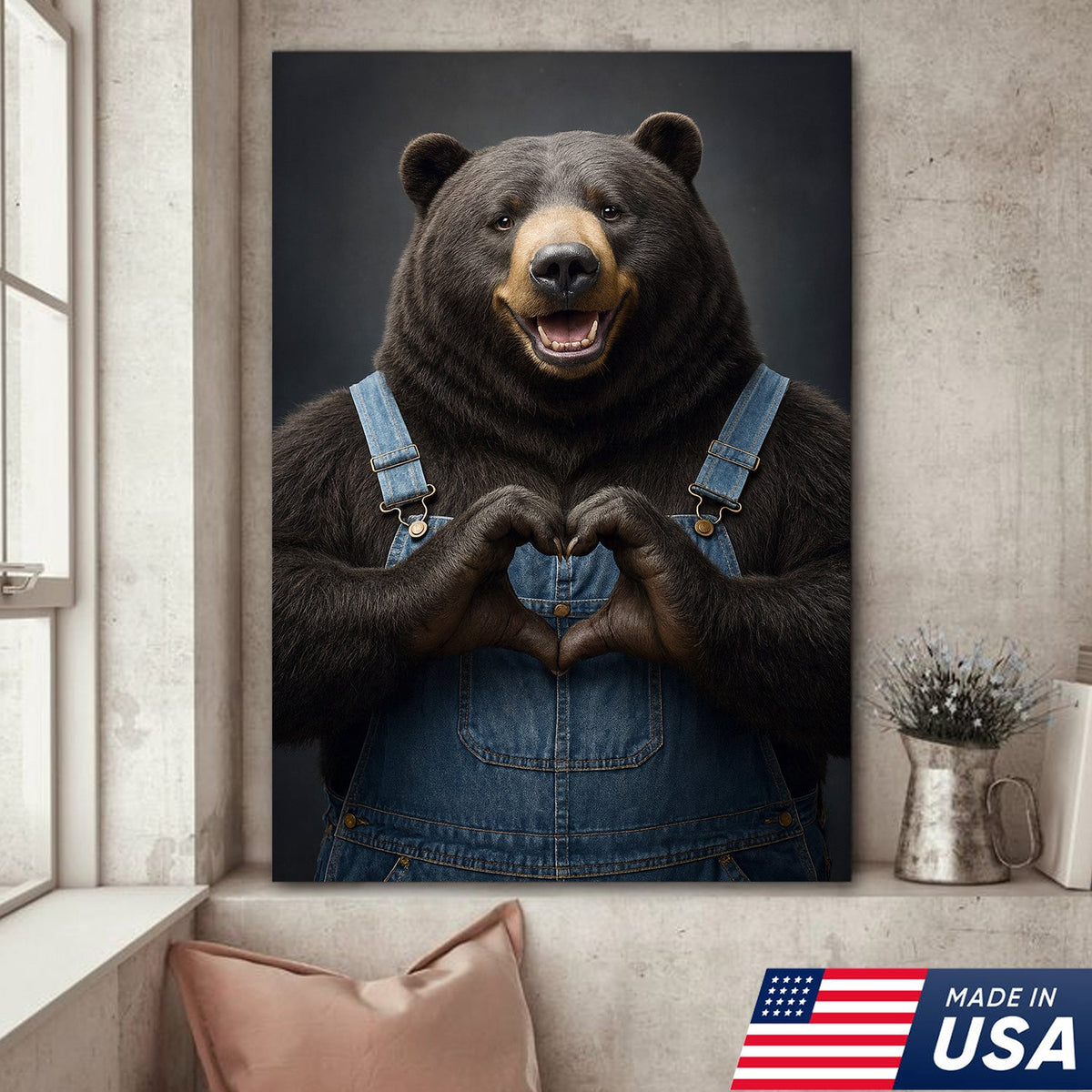 Cute Bear Heart Hands Wall Art Canvas – Whimsical Animal Print for Cabin