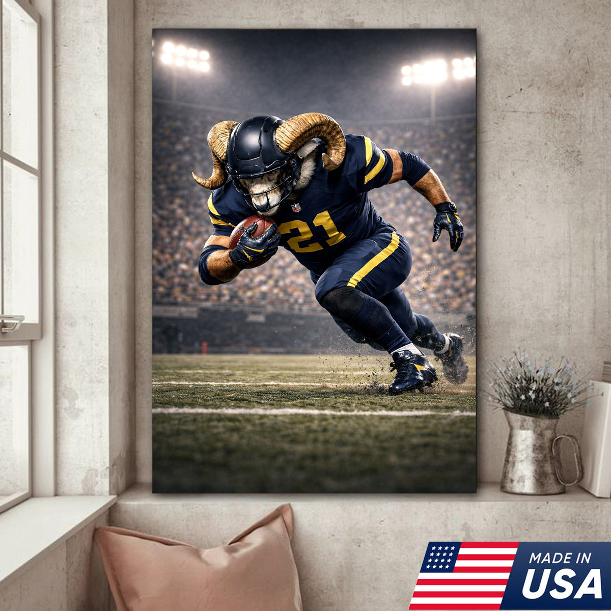 Mighty Ram Football Canvas Wall Art – Horned Athlete Stadium Action Print