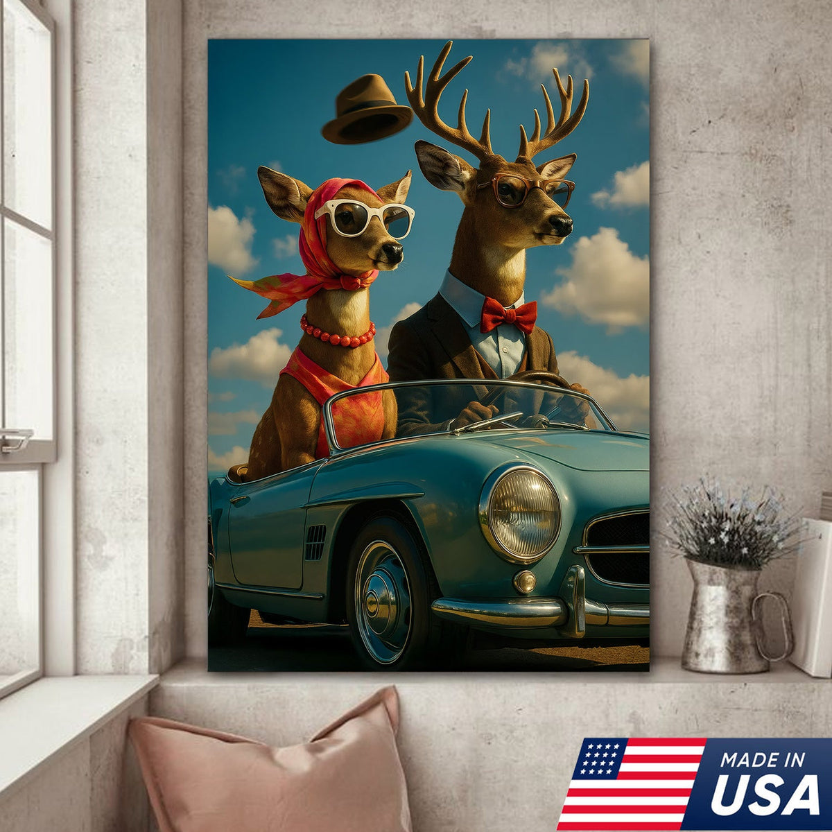 Retro Deer Couple Driving Canvas – Funny Buck & Doe in Convertible, Vintage Wall Art