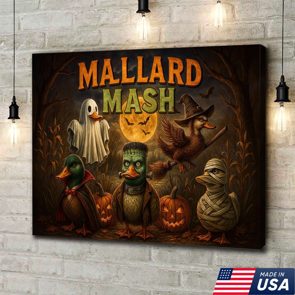 Mallard Mash Halloween Canvas Wall Art – Funny Ducks in Costumes with Pumpkins