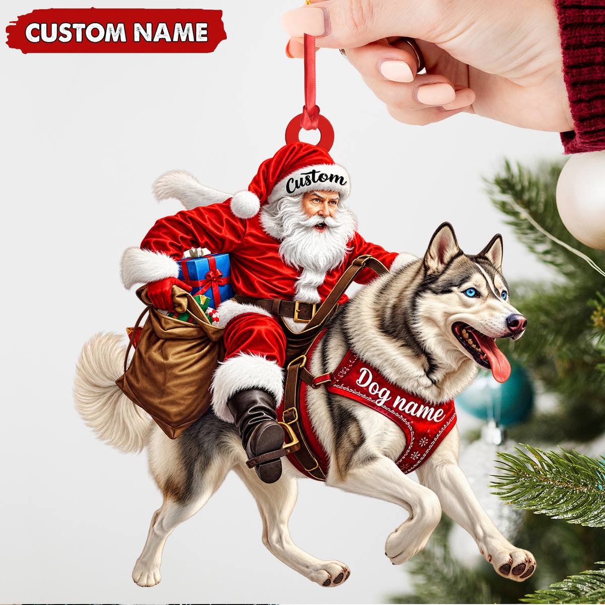Personalized Santa Husky Christmas Ornament Custom Dog Name Holiday Keepsake