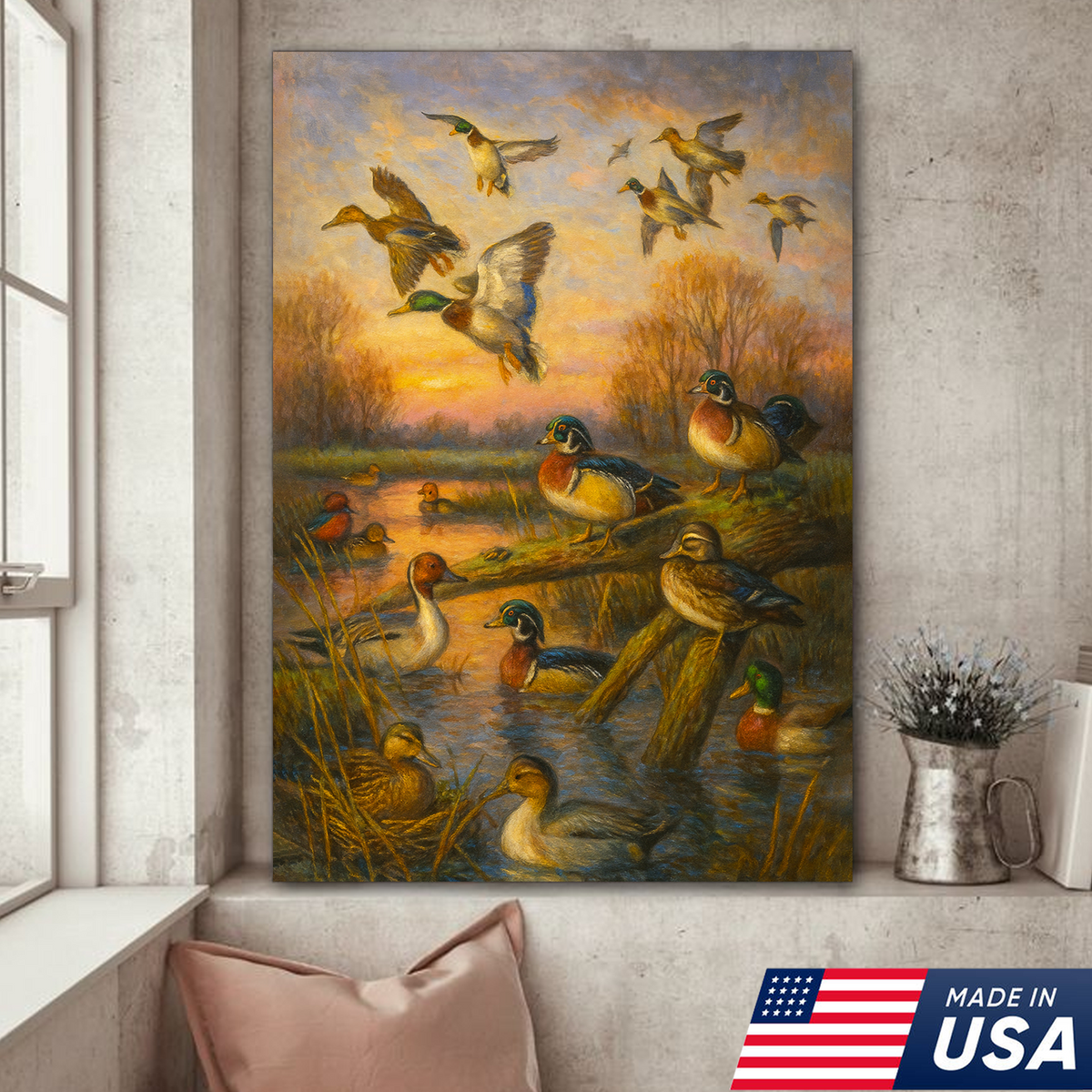 Duck Hunting Canvas Wall Art – Oil Painting Style Waterfowl at Sunset Rustic Lodge Decor