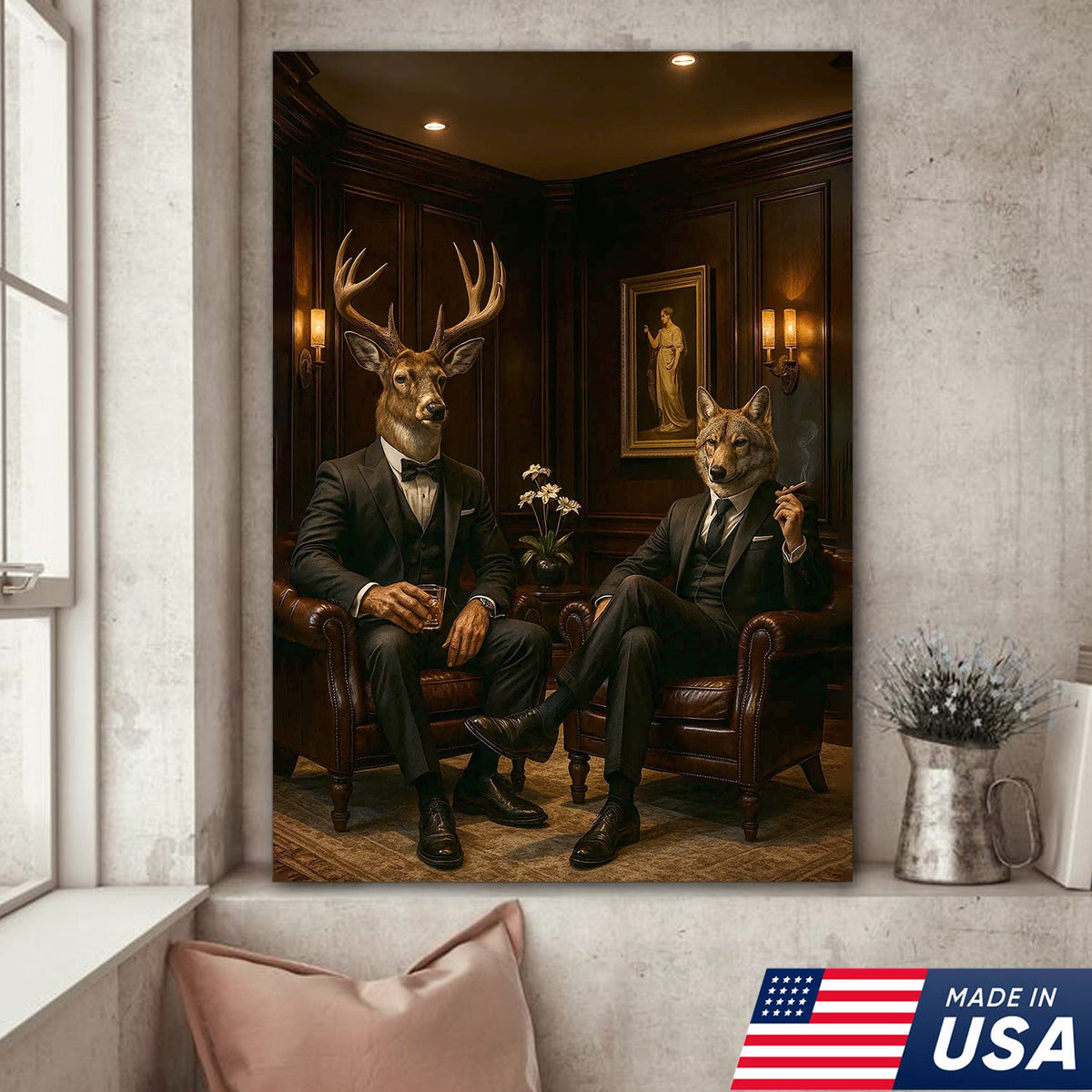 Elegant Deer and Wolf Canvas Wall Art - Sophisticated Animal Portrait in Suits, Luxury Rustic Decor