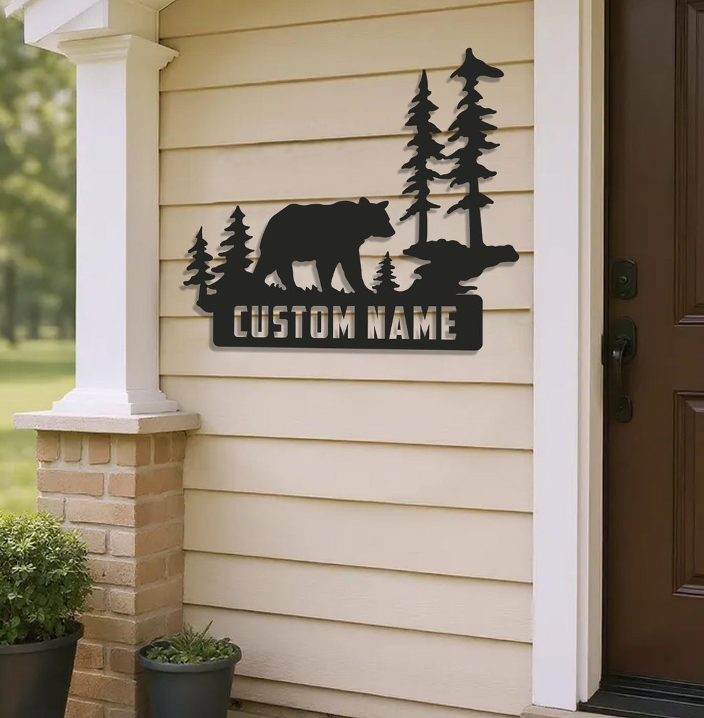 Personalized Bear Metal Sign WITH LED/WITHOUT LED Light Custom Name Mountain Scene Wall Art