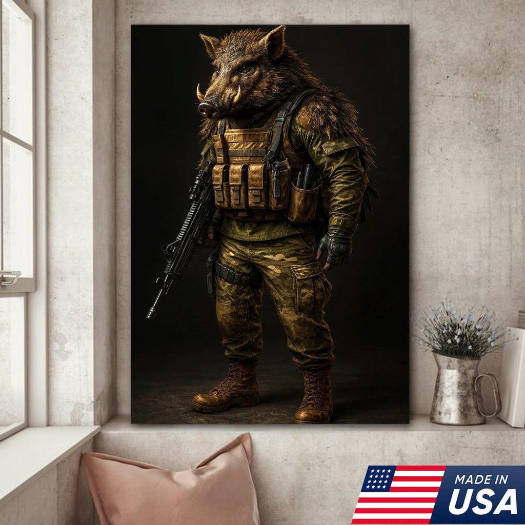 Tactical Boar Canvas Art – Armored Wild Hog Warrior in Combat Gear