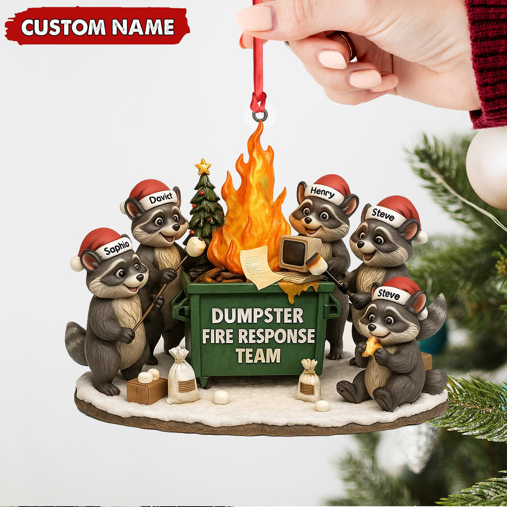 Personalized Dumpster Fire Response Team Christmas Ornament, Custom Name Raccoon Office Crew Gift, Funny Workplace Dumpster Fire Holiday Decor