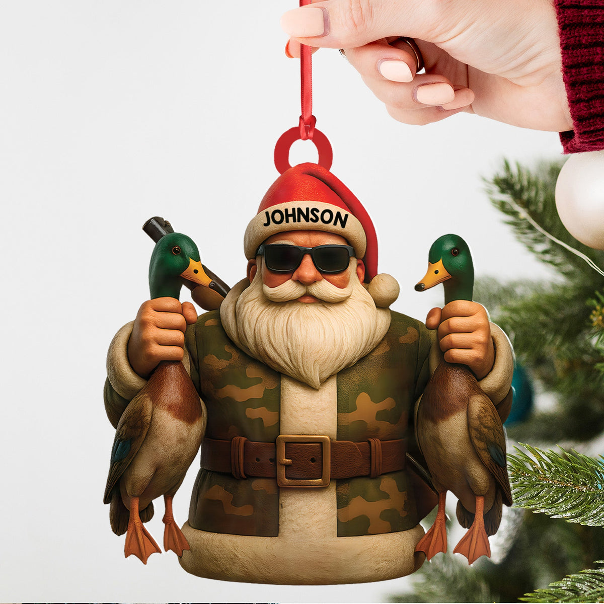 Personalized Duck Hunter Santa Acrylic Ornament - Funny Christmas Gift for Hunters - Custom Name Camo Decor