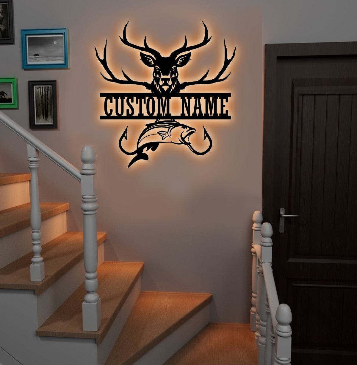 Personalized Deer & Fish Metal Sign WITH LED/WITHOUT LED Light Rustic Cabin Wall Decor Hunter Fisher Gift