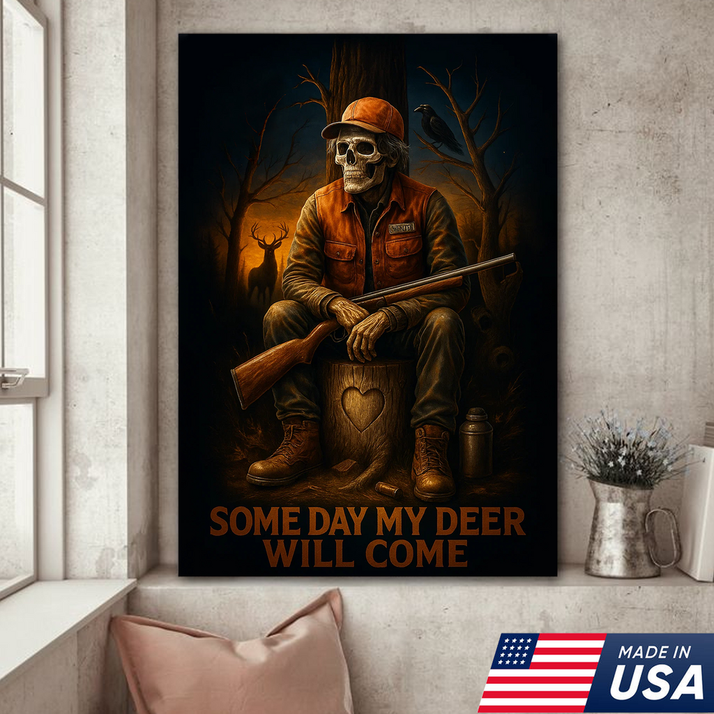 Funny Deer Hunting Canvas Wall Art – Skeleton Hunter with Rifle, Rustic Lodge Decor