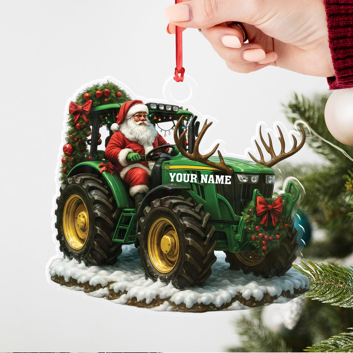 Custom Name Santa Tractor Ornament, Farmer Christmas Tree Decor, Personalized Farm Gift