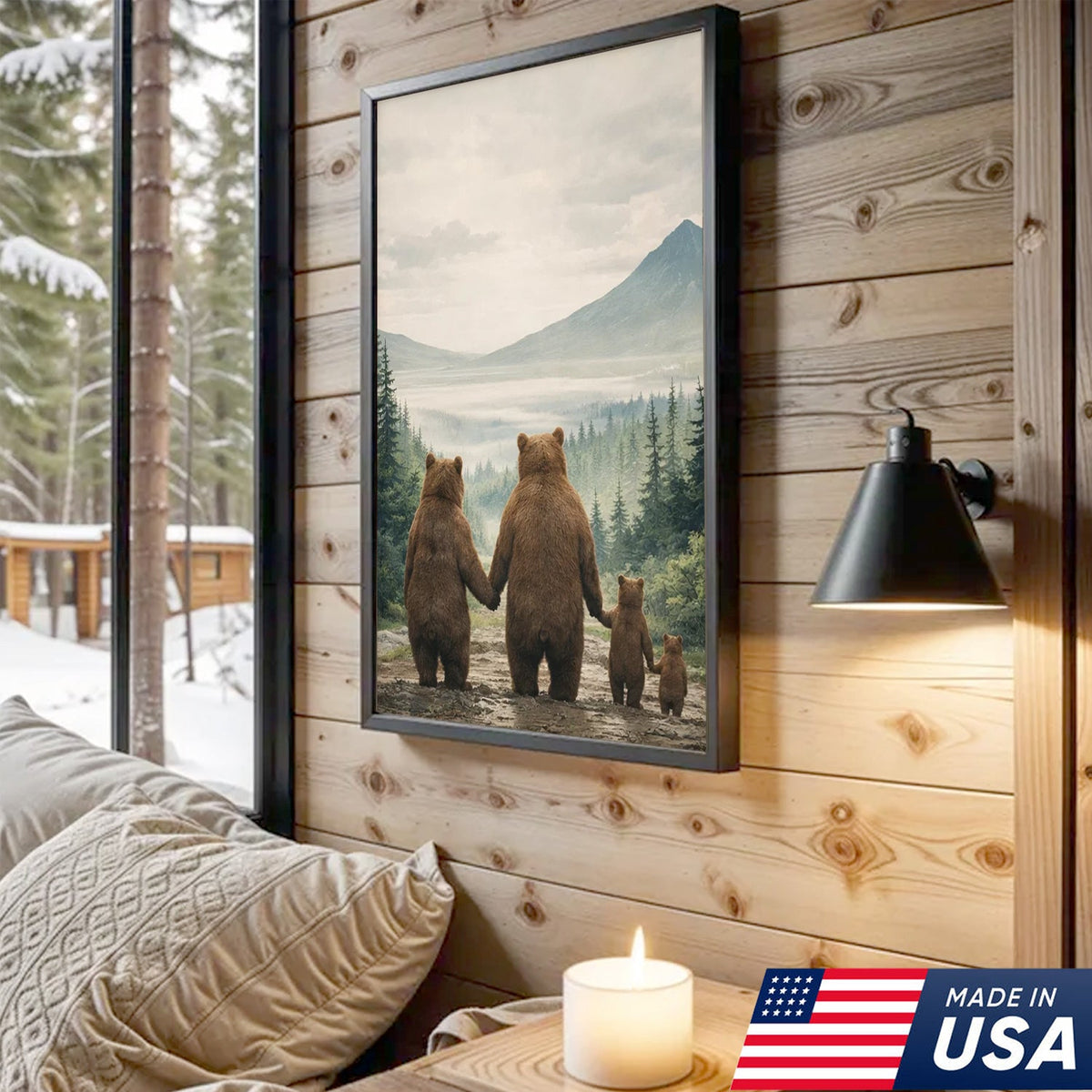Bear Family Forest Triptych Canvas Wall Art Set, Peaceful Wildlife Landscape with Cubs