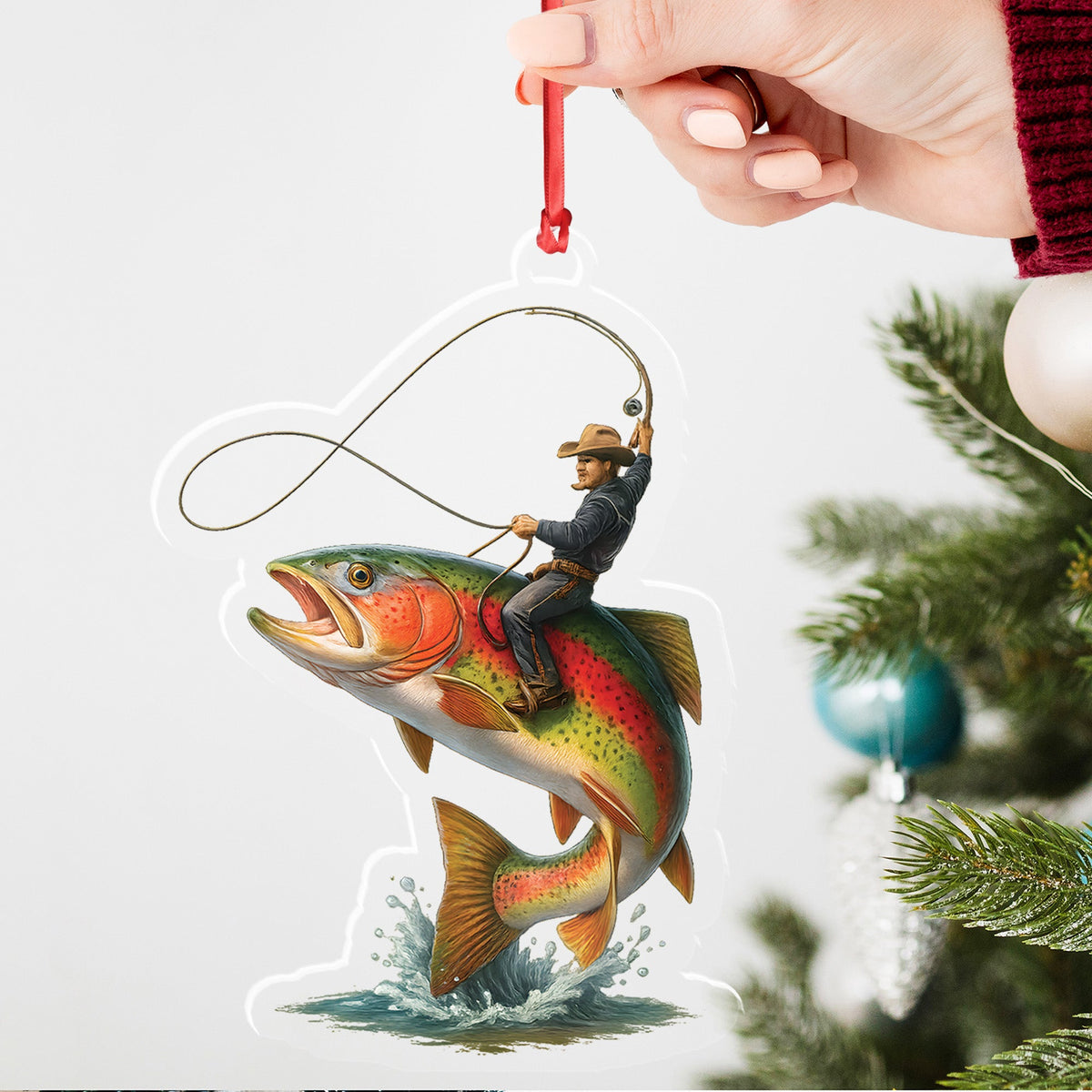Personalized Funny Fishing Acrylic Ornament – Cowboy Riding Fish Christmas Decoration for Fishermen