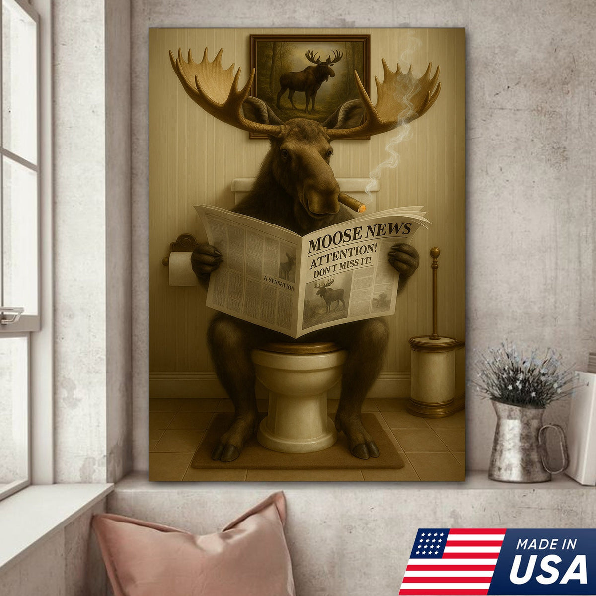 Moose Toilet Humor Canvas – Hilarious Bathroom Wall Art for Rustic Cabin, Hunters