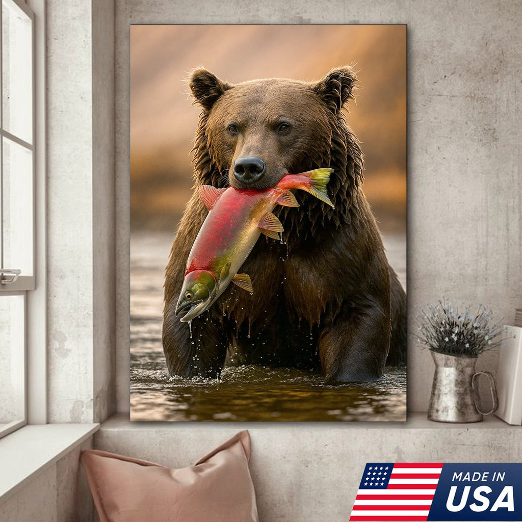 Bear Catching Salmon Canvas Wall Art, Wildlife River Cabin Decor, Nature Lover Gift