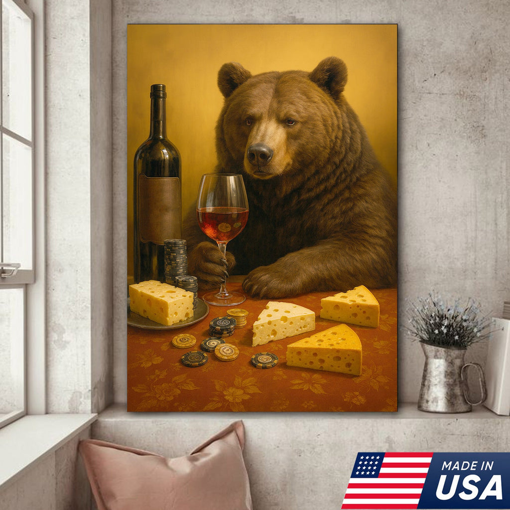 Funny Bear Wine & Cheese Wall Art Canvas - Poker Room Decor, Animal Painting for Home Bar