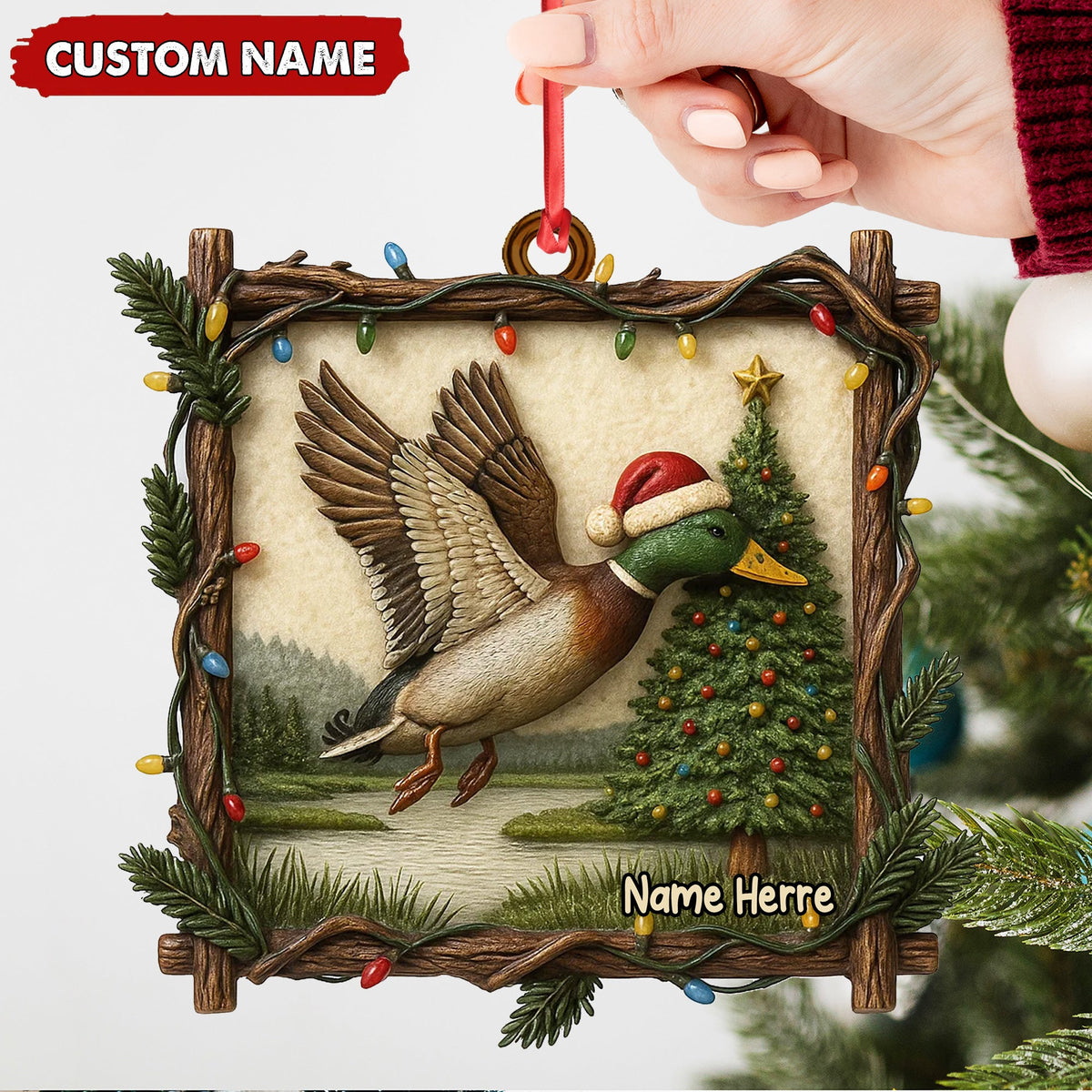 Personalized Flying Duck Christmas Ornament, Custom Name Hunting Gift for Outdoor Lovers