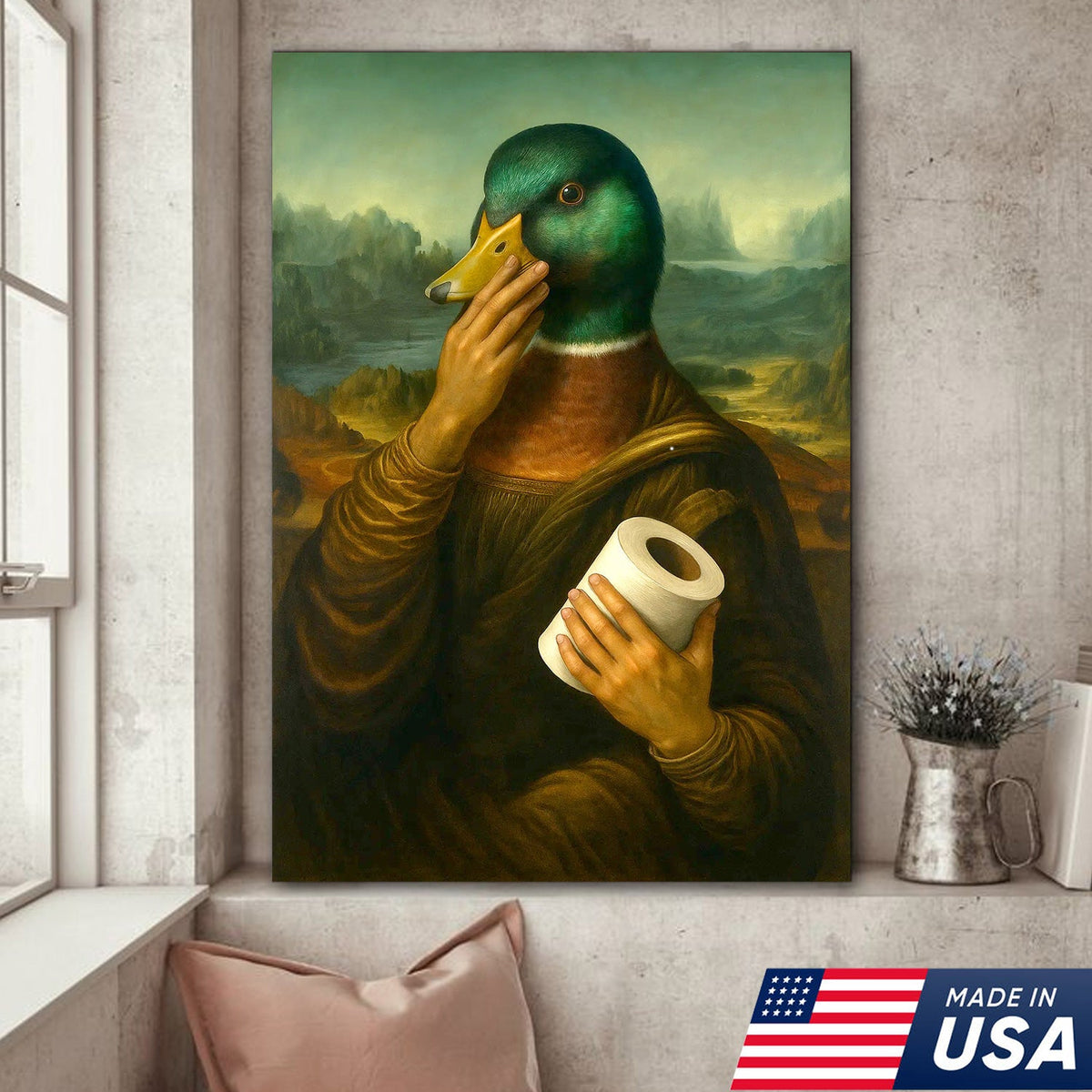 Funny Duck Canvas Wall Art, Parody Bathroom Artwork, Humorous Animal Portrait Decor