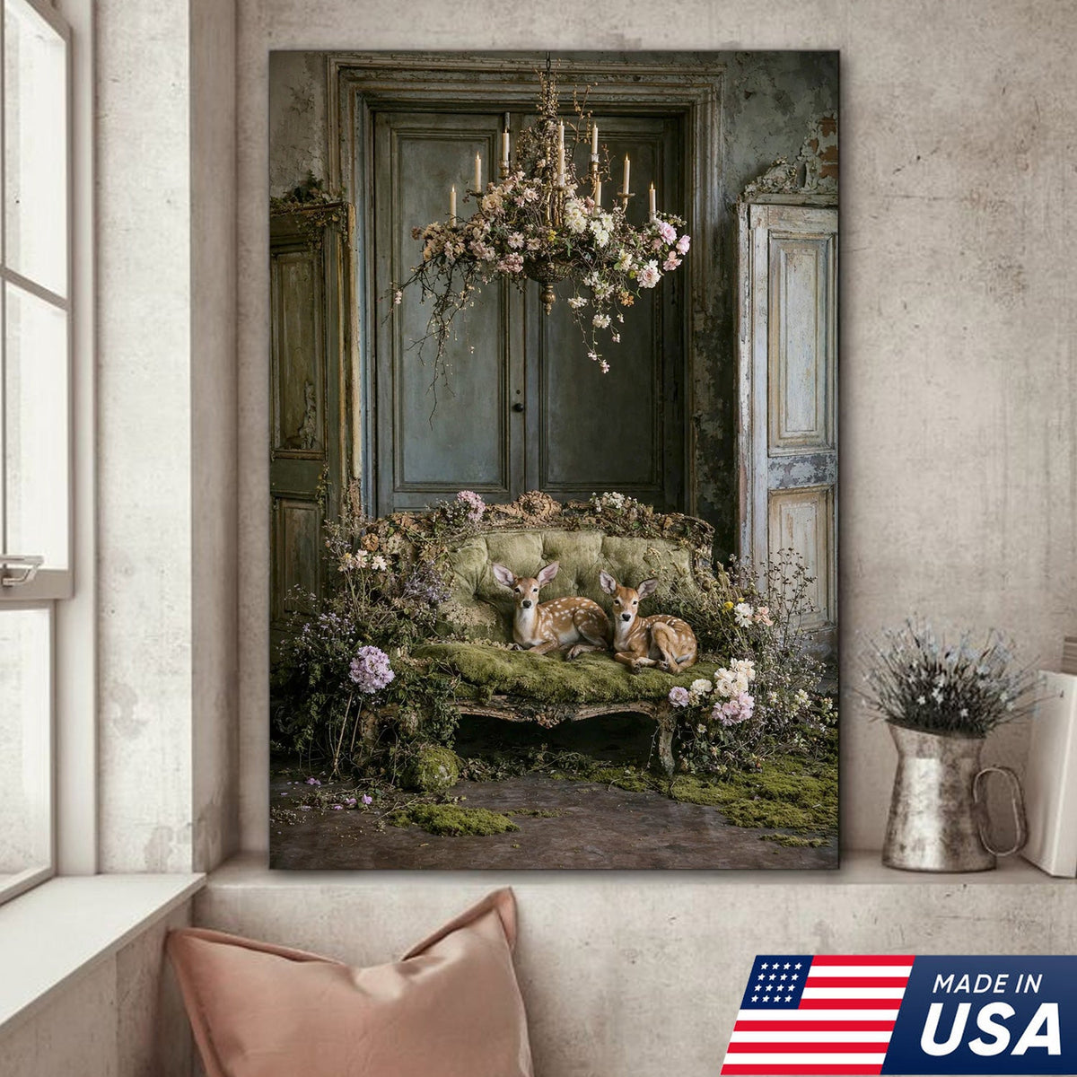 Vintage Fawn Sofa Canvas Wall Art, Twin Deer Resting on Mossy Couch