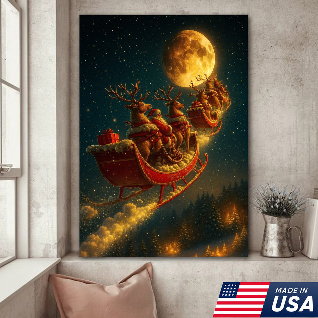 Magical Santa Sleigh and Reindeer Canvas – Christmas Wall Art Gift for Hunters & Holiday Lovers