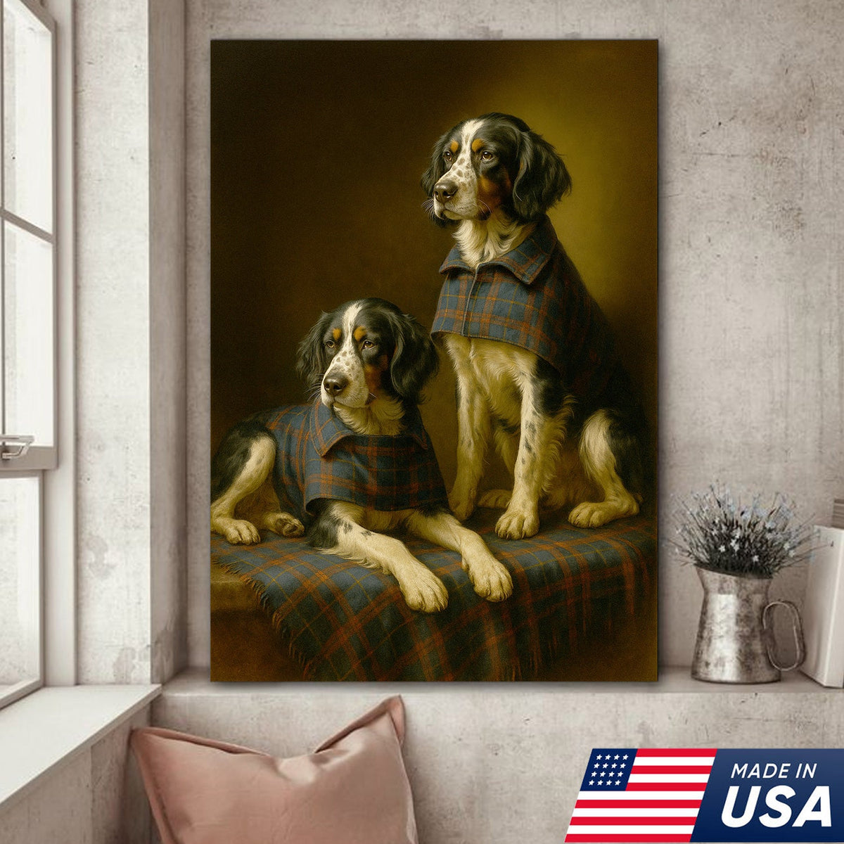 Elegant Dog Portrait Christmas Canvas Wall Art – Classic Plaid Outfit Decor