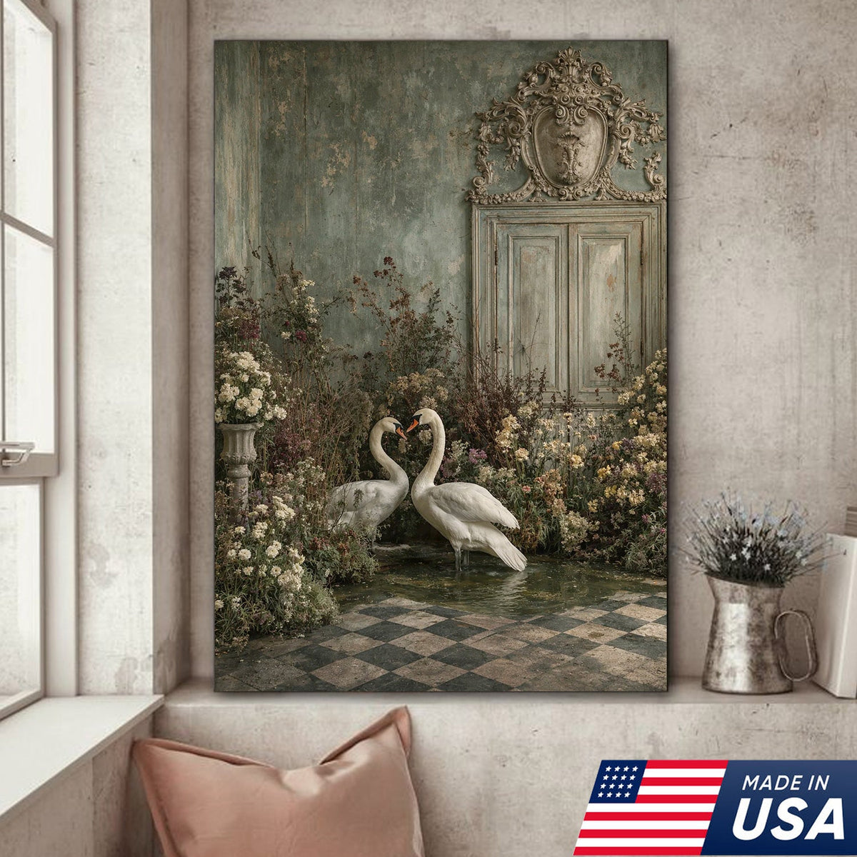 Romantic Swan Garden Canvas Wall Art, Elegant Swan Couple Forming Heart