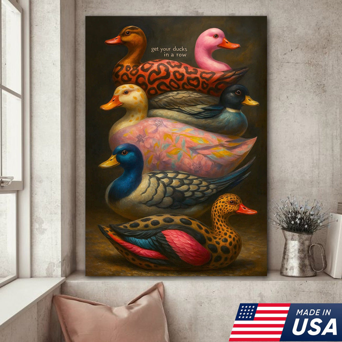 Colorful Duck Wall Art Canvas – Funny Get Your Ducks in a Row Farmhouse Decor