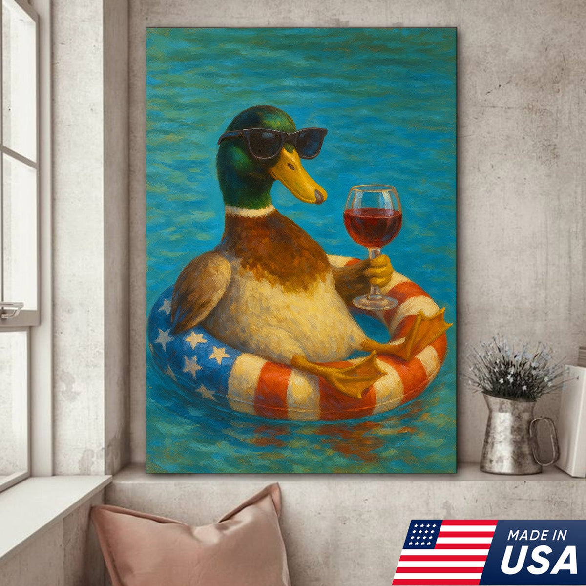 Cool Duck with Wine Canvas – Sunglasses, USA Flag Pool Float, Funny Summer Wall Art