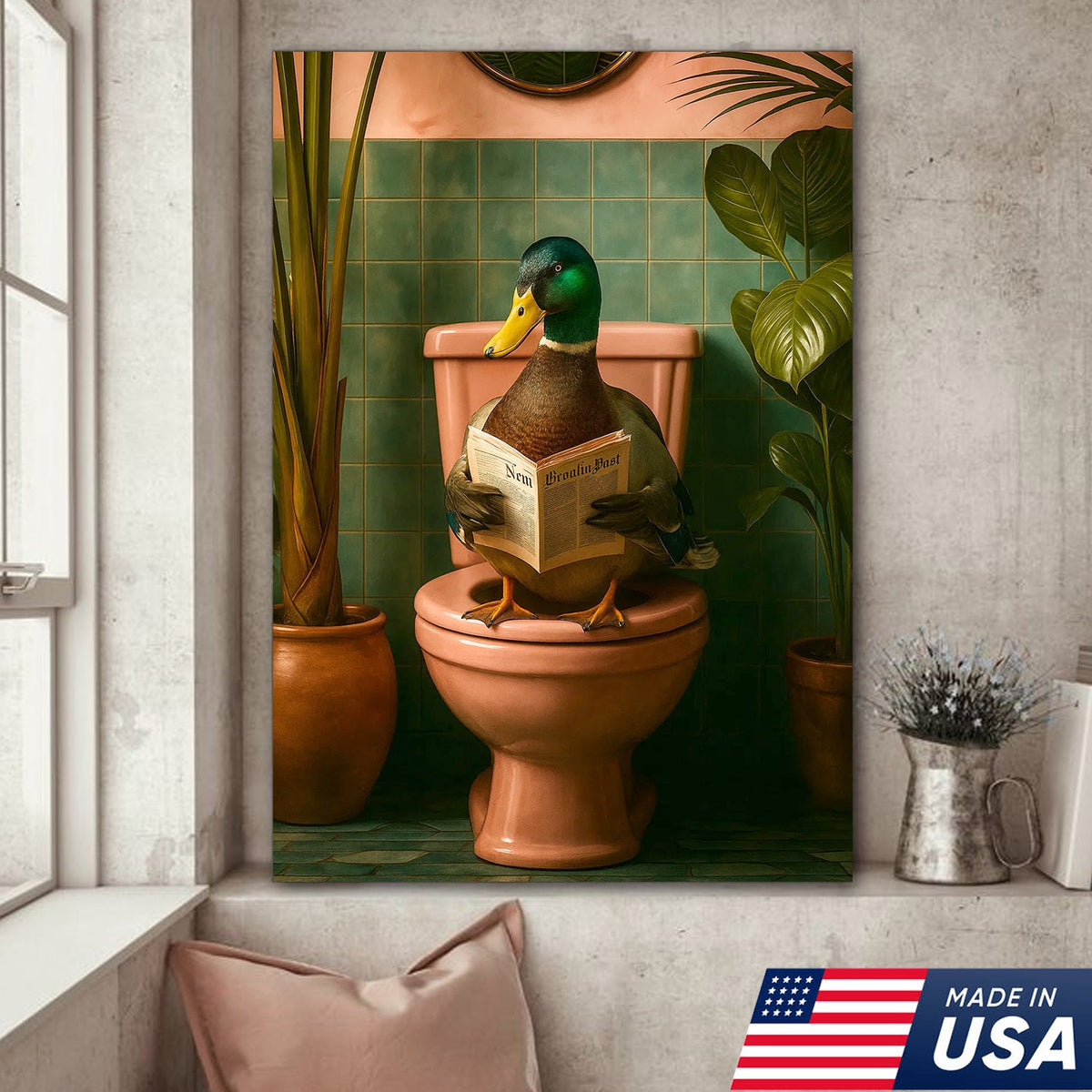 Whimsical Duck Bathroom Canvas Wall Art – Funny Rustic Lodge Decor – Mallard Reading Humor Print