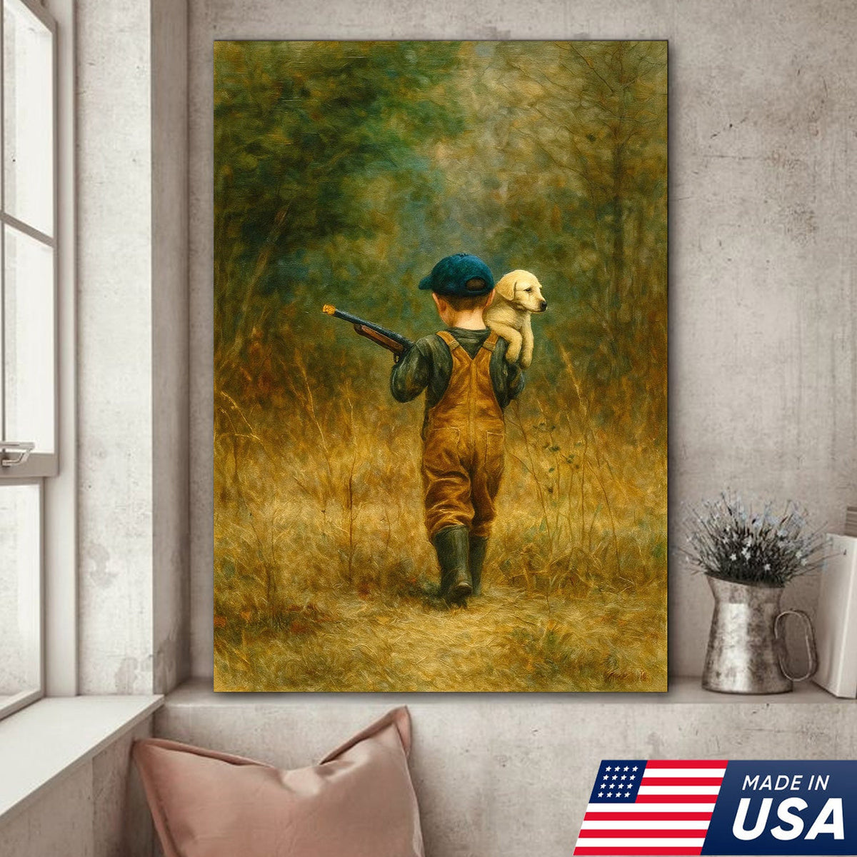 Little Hunter and Puppy Canvas Wall Art, Wholesome Boy with Dog Artwork