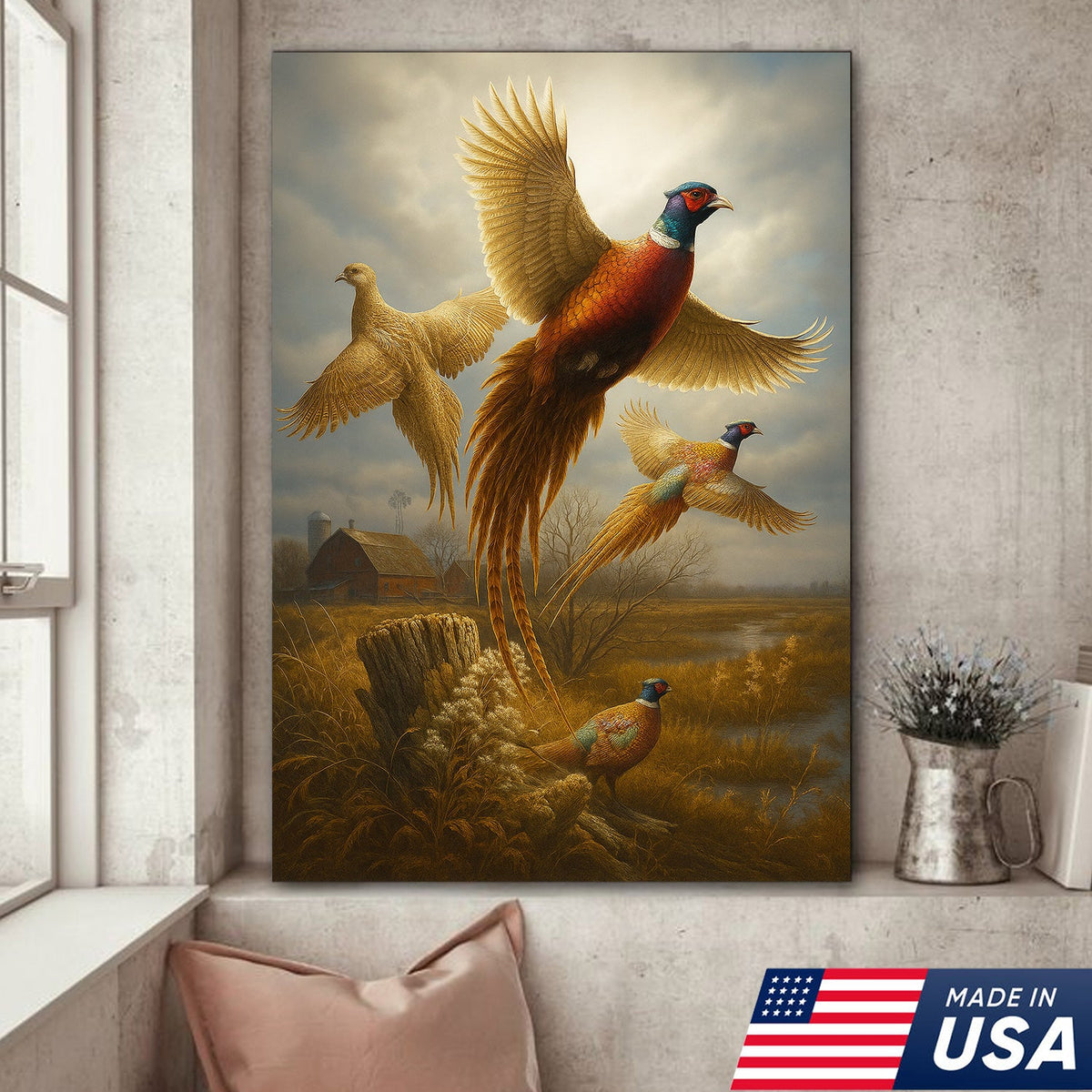 Pheasant in Flight Canvas – Rustic Countryside Wall Art for Lodge & Hunting Decor