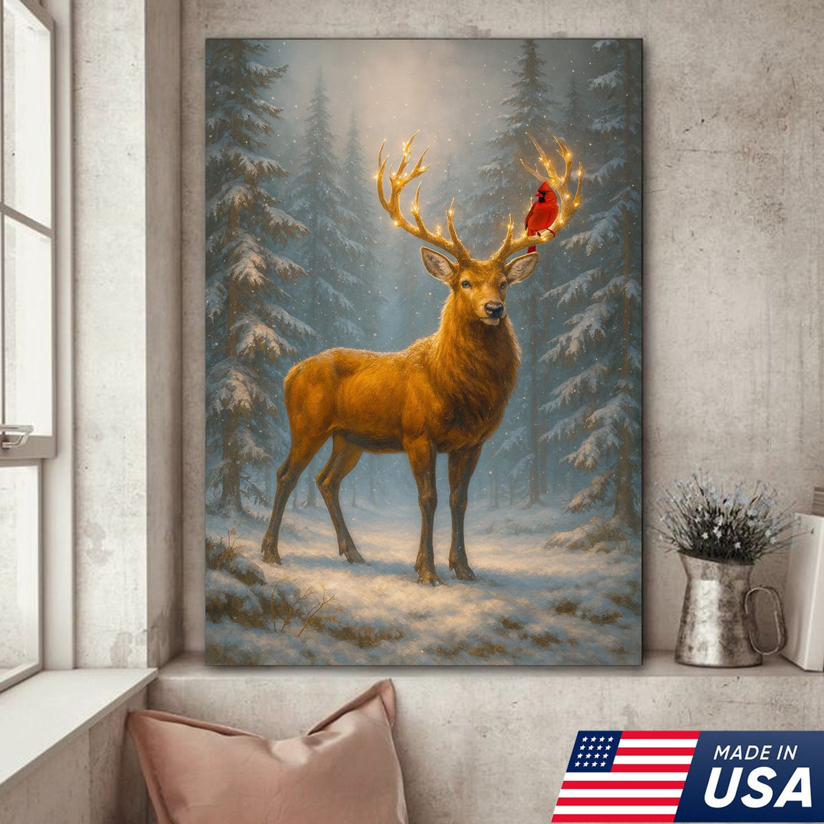 Majestic Deer Christmas Canvas Wall Art – Winter Woodland Decor, Lighted Antlers Canvas