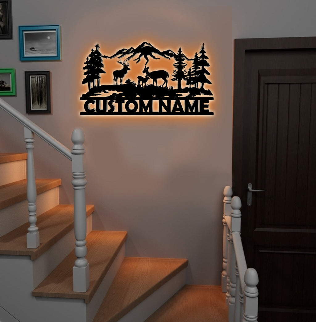 Personalized Deer Family Metal Sign WITH LED/WITHOUT LED - Rustic Cabin Name Sign