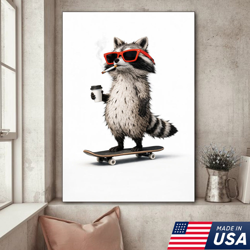 Cool Skateboard Raccoon Wall Art Canvas Print, Funny Urban Animal Illustration