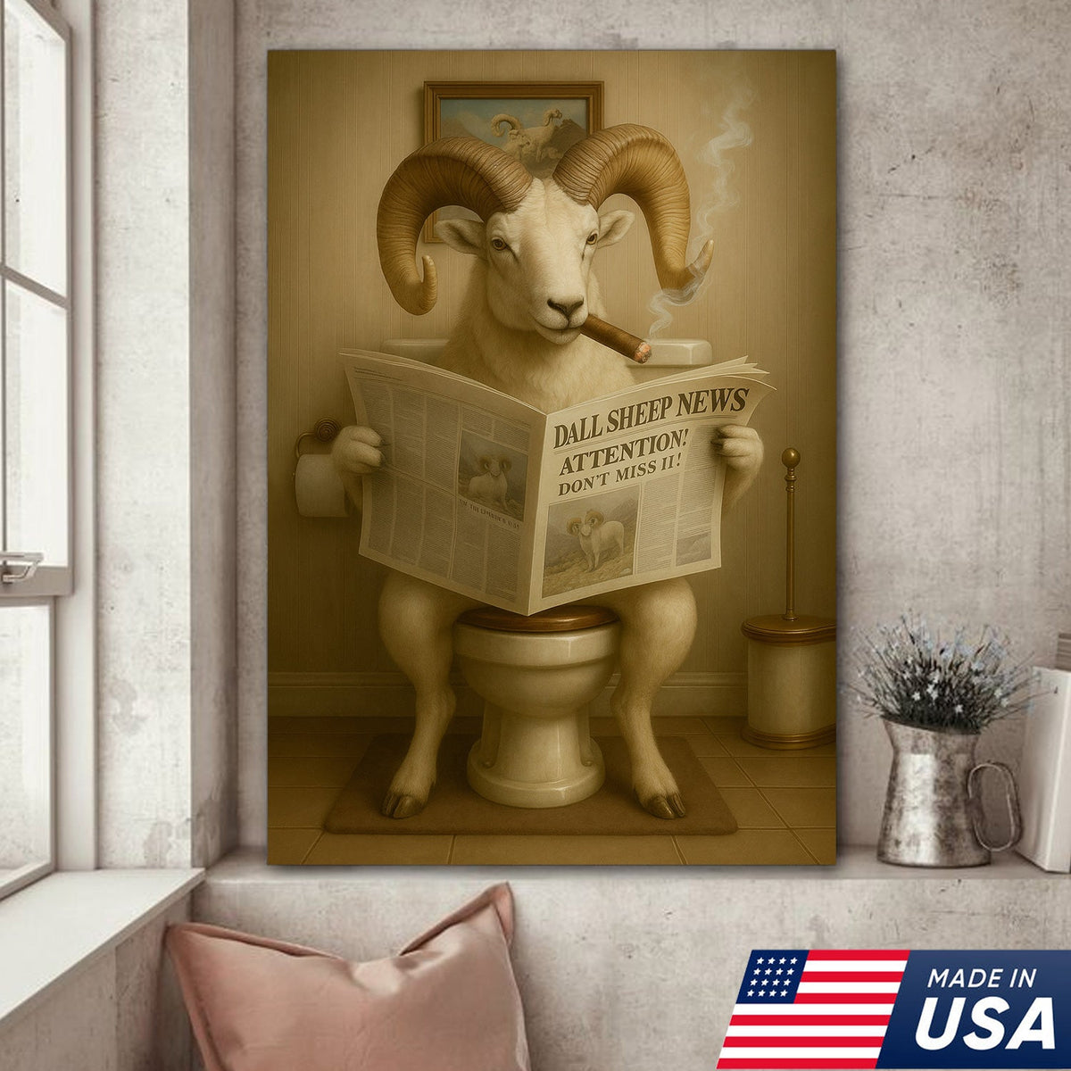 Hilarious Dall Sheep Canvas Wall Art – Rustic Bathroom Decor Perfect for Hunters and Nature Lovers