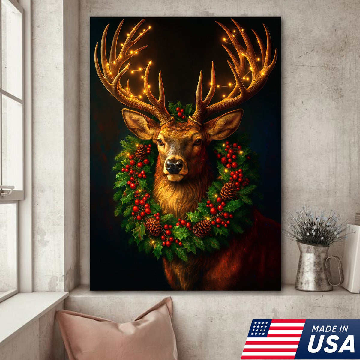 Christmas Deer Canvas Wall Art - Rustic Holiday Decor for Hunters, Cabin & Lodge Christmas Gift