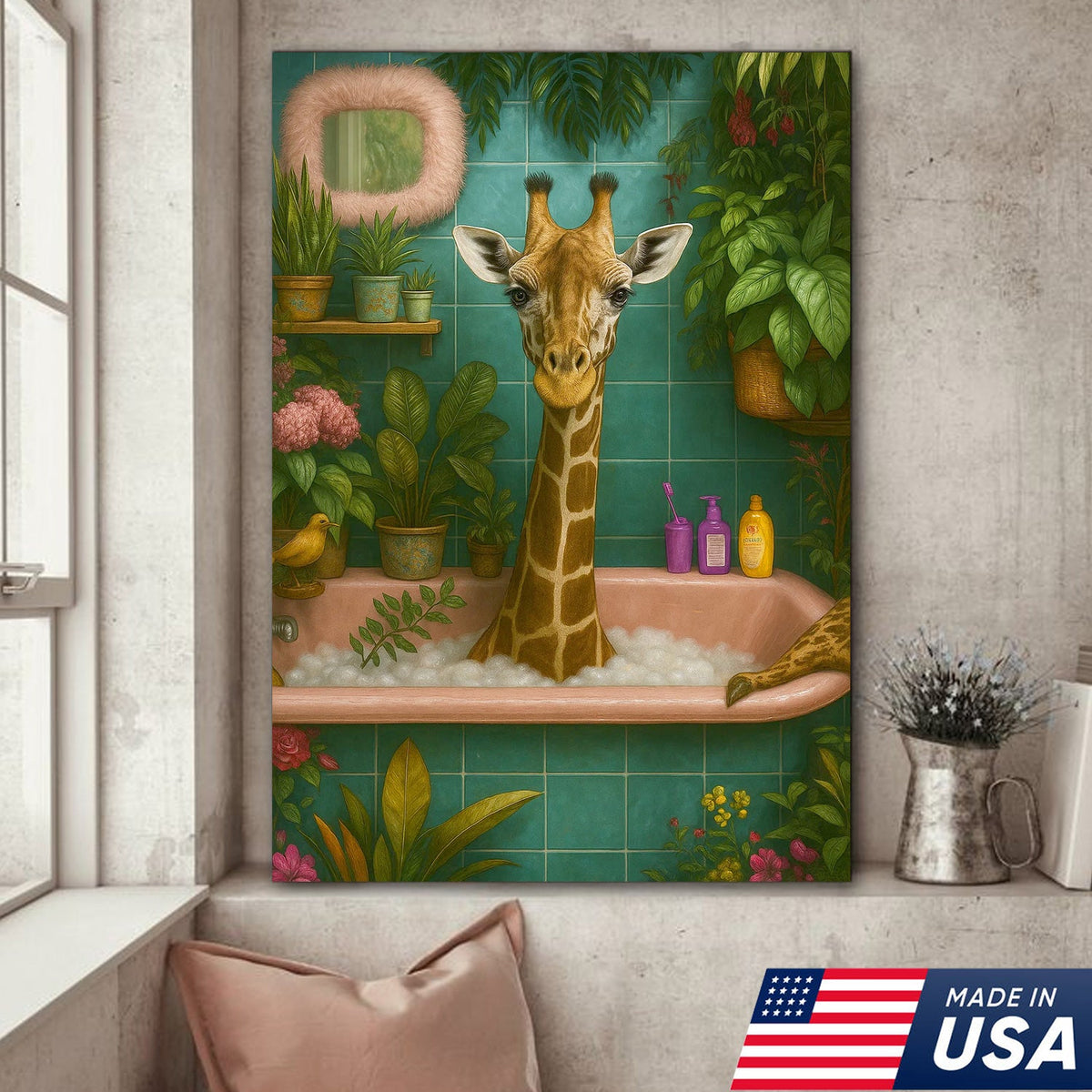 Giraffe Bathroom Wall Art Canvas, Funny Animal Taking Bath Decor