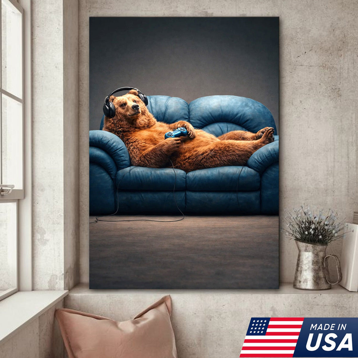 Funny Gamer Bear Wall Art Canvas Print, Relaxing Animal Gaming Illustration