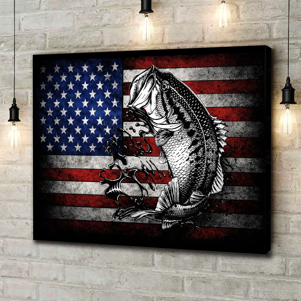 American Flag Bass Fishing Canvas Wall Art, Patriotic Fishing Fish Splash Artwork