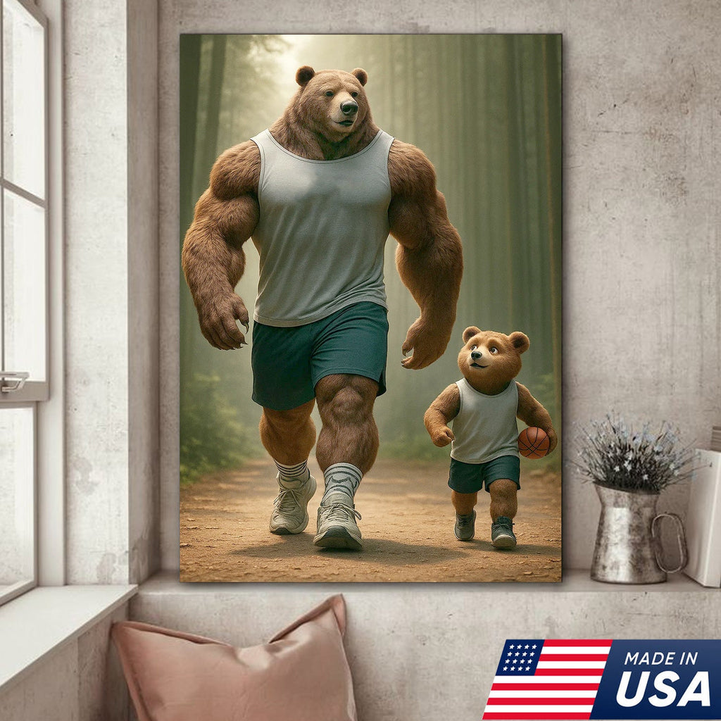 Buff Bear Dad and Cub Canvas Wall Art, Fitness Father and Son Bear Print
