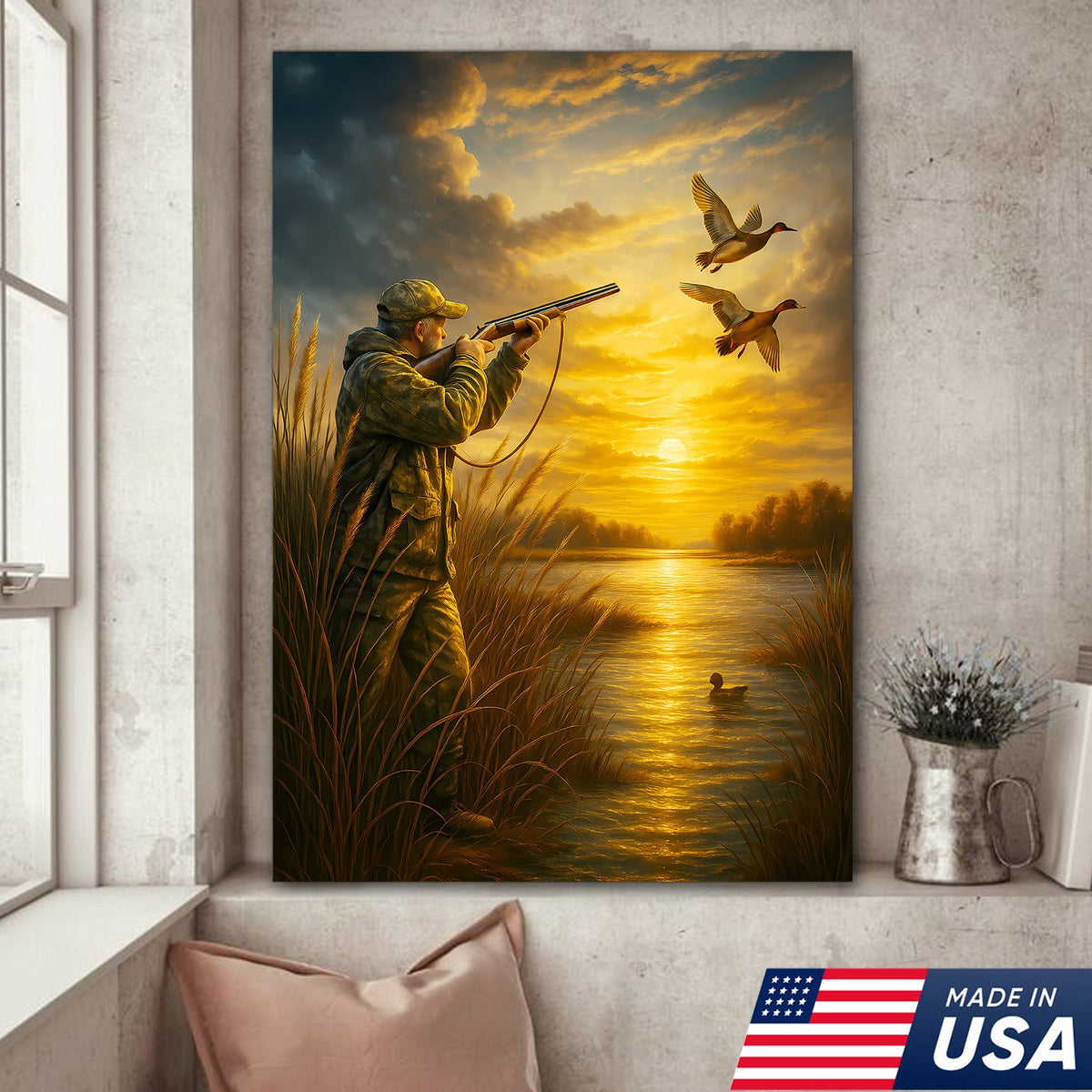 Duck Hunting Wall Art – Sunset Waterfowl Canvas for Hunters, Man Cave & Cabin Decor