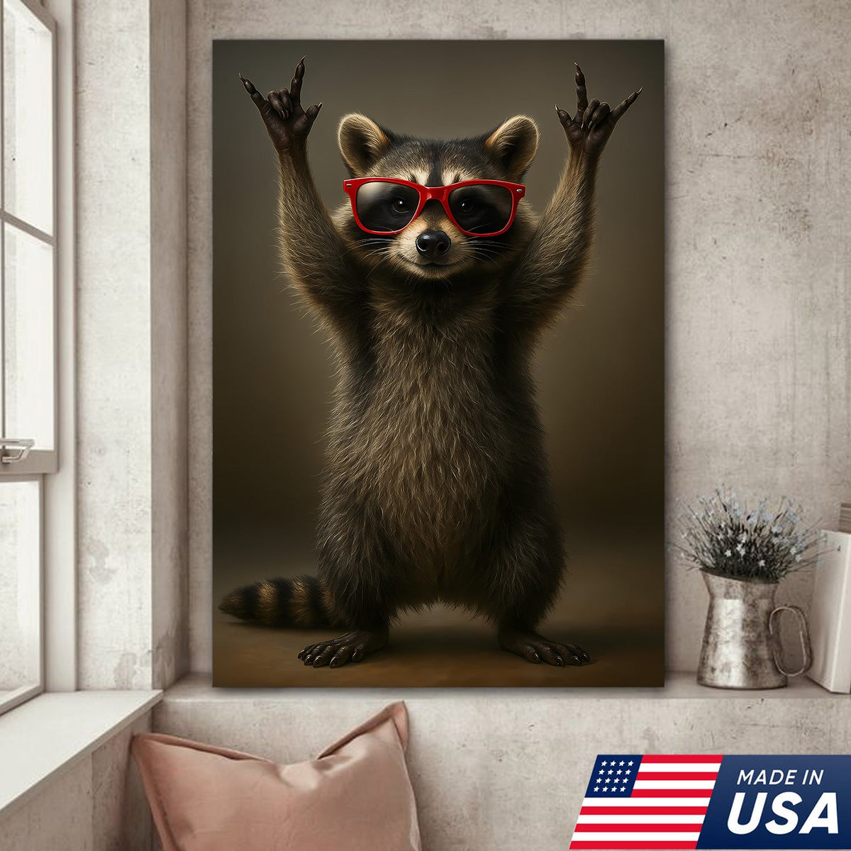 Cool Raccoon Wear Glasses Canvas Wall Art – Funny Gift for Hunters, Men & Cabin Decor