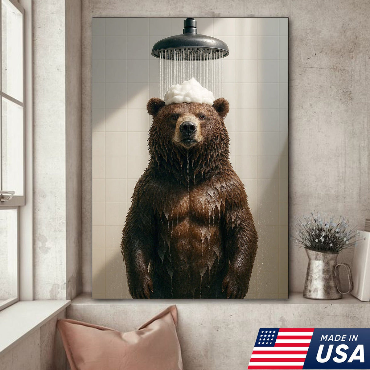 Funny Bear Taking Shower Bathroom Canvas Wall Art, Rustic Cabin Lodge Bathroom Decor