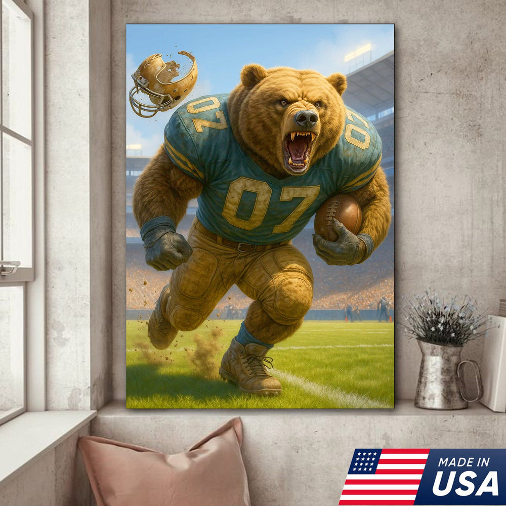 Bear Football Player Wall Art Canvas, Fierce Gridiron Bear Running Back Print