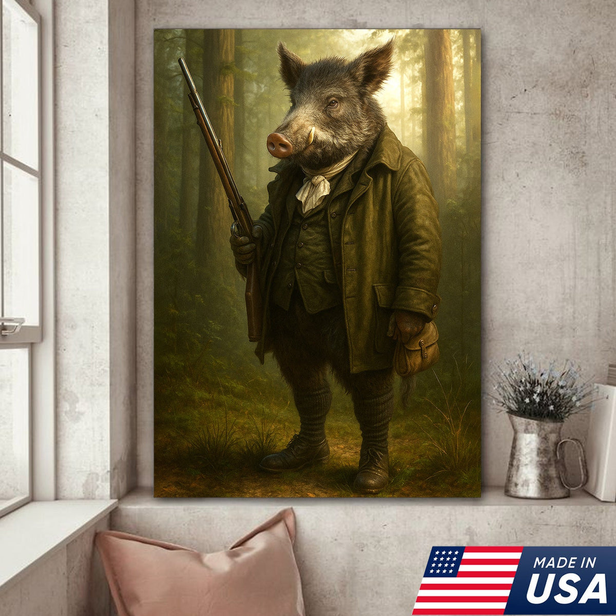 Funny Wild Boar Hunter Canvas Wall Art – Rustic Hunting Lodge Decor Gift for Hunters