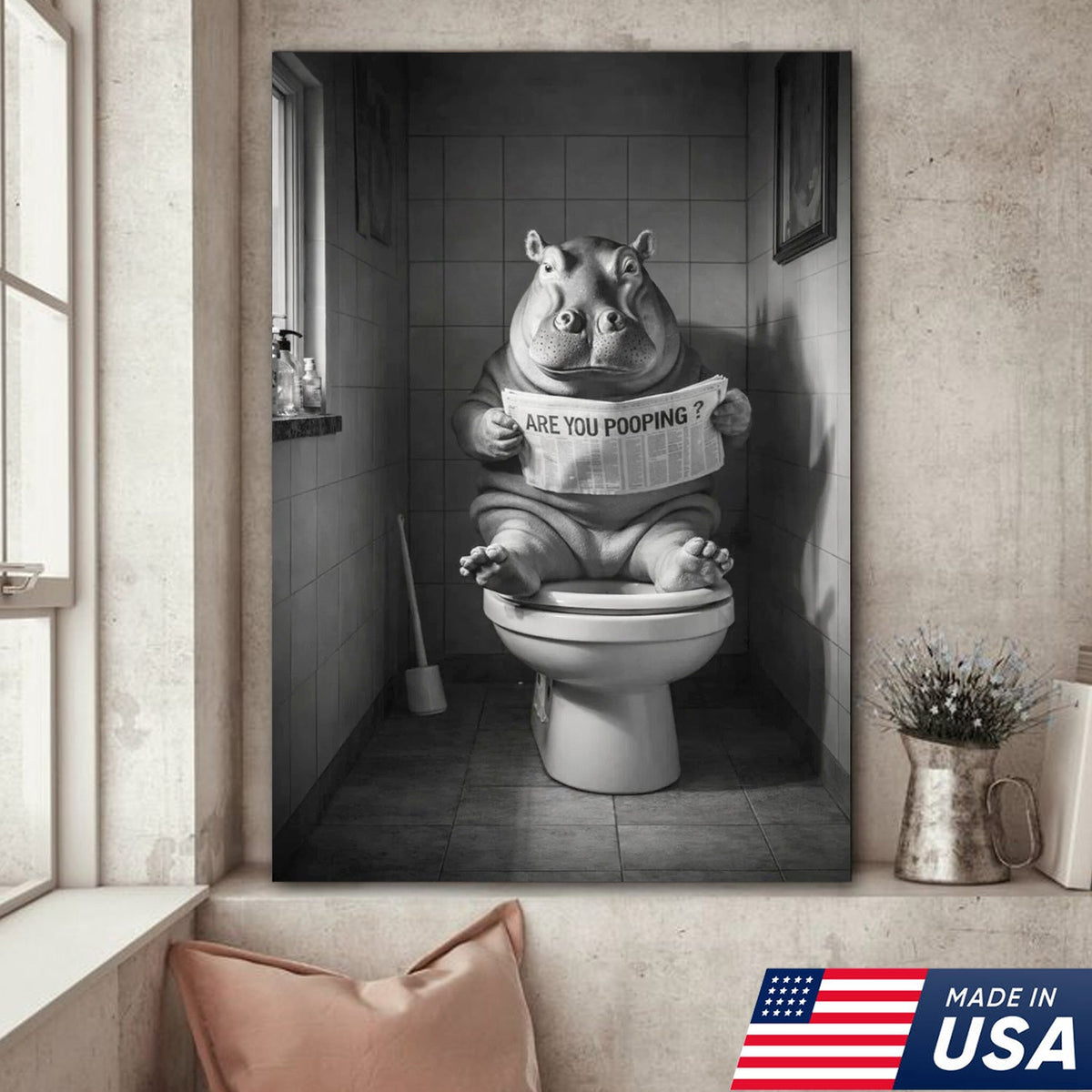 Funny Hippo Bathroom Wall Art, Are You Pooping Hippo Toilet Canvas