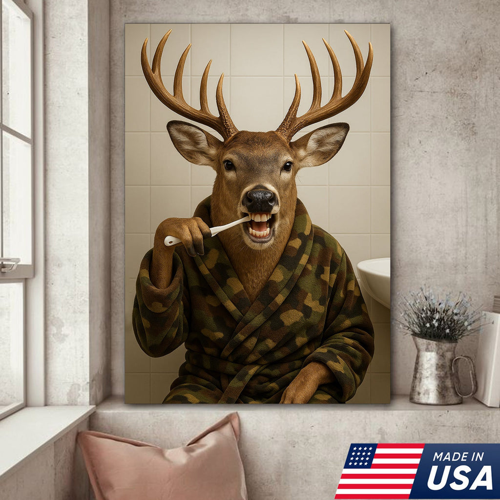 Funny Deer Brushing Teeth Wall Art – Rustic Bathroom Canvas for Cabin, Lodge & Man Cave Decor