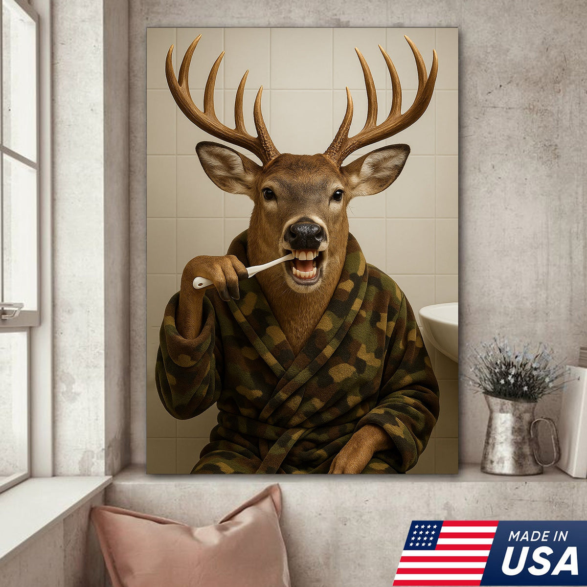 Funny Deer Brushing Teeth Wall Art – Rustic Bathroom Canvas for Cabin, Lodge & Man Cave Decor