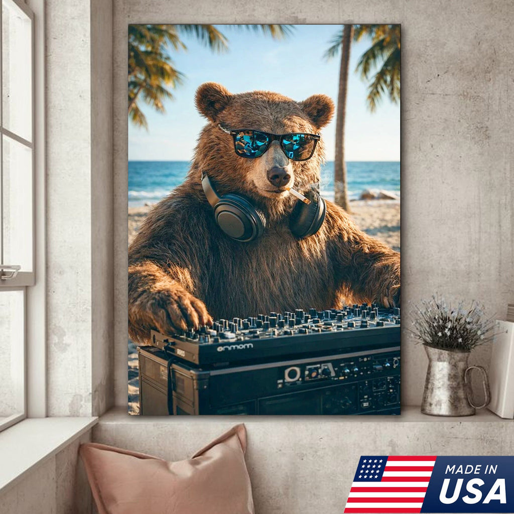 Cool DJ Bear Beach Canvas Wall Art – Trendy Animal Music Print
